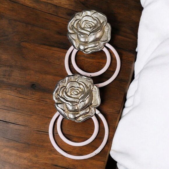 Vtg Pewter 3D Metal Rose Earrings Baby Pink Double Loops Romantic Roses Flower - Picture 9 of 11